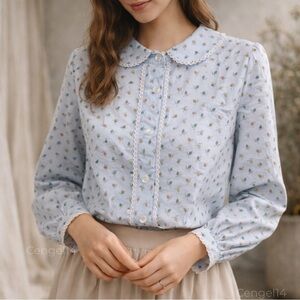 Sears Vintage 1970s Peter Pan Collar Leaf Print Button-Down Blouse Fits M